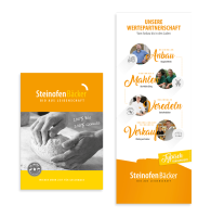 Werbematerialien für Steinofen Bäcker. Prospektblatt und Banner des Steinofenbäckers in Ibbenbüren.