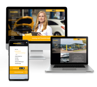 Responsive Website auf Smartphone, Laptop und Desktop. Darstellung einer Website auf Desktop, Laptop und Smartphone mit gelbem Design und Autohaus-Thema.