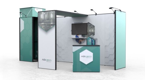 Messestand mit Abcam-Logo und Displays Messestand mit Abcam-Logo, Bildschirm und Produktdisplays