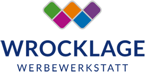 Logo Wrocklage Werbewerkstatt Logo Wrocklage Werbewerkstatt mit buntem stilisiertem Quadrat-Mosaik und blauer Schrift